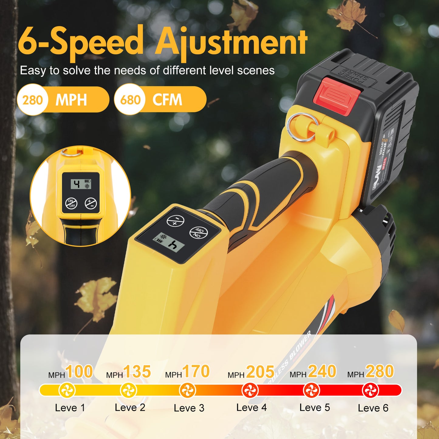 Leaf Blower with Battery & Charger, 21V Cordless Leaf Blower with 2x6.0 Ah Battery, Electric Leaf Blower with 6 Speed Mode, 280MPH Battery Operated Leaf Blower for Patio Garden Lawn Cleaning
