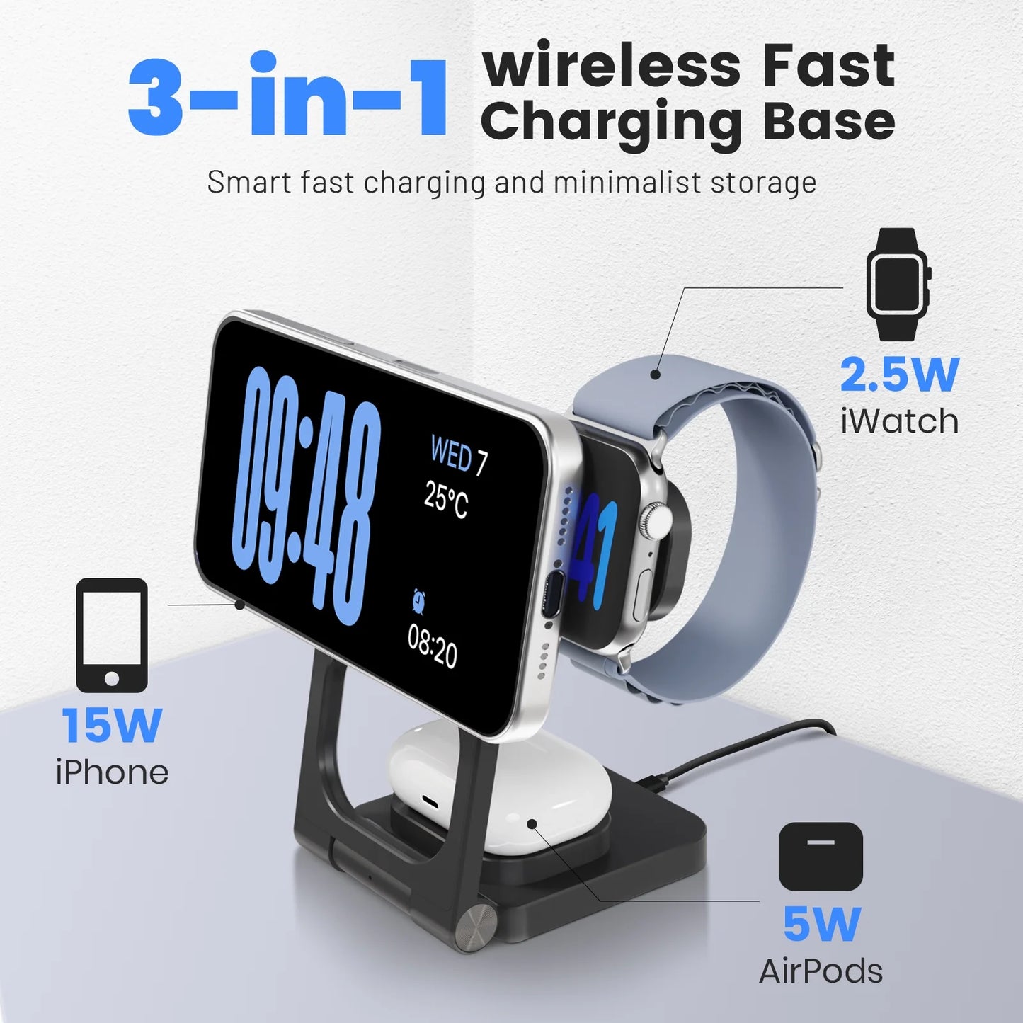 Magnetic Charging Station,3 in 1 Foldable Wireless Charger Compatible for iPhone 17/16/15/14/13/12 Plus Pro Max,Portable Charger Dock for iWatch & AirPods,Black