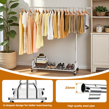 Baokaler 500 lbs Clothing Rack Heavy Duty Hanging Rack with Shelves Collapsible Clothes Racks on Wheels Rolling Garment Rack for Hanging Clothes Portable Adjustable, Chrome Finish
