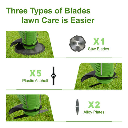 BAOKALER Electric Weed Eaters Cordless, Battery Powered Weed Wacker with Charger, Grass Trimmer with Supporting Wheels, Grass Cutting Machine with 2 Batteries for Yard and Garden, Green