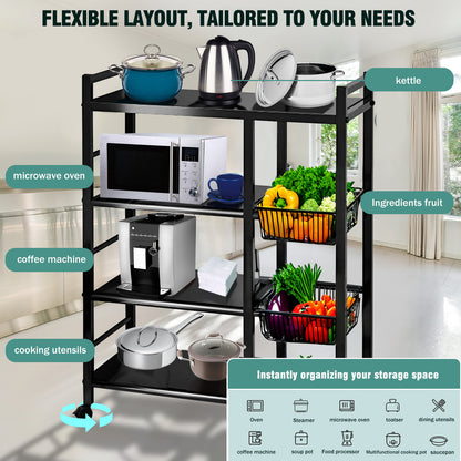Freestanding Kitchen Storage Rack, Multi-Functional Multi-Layer Mobile Storage Shelf, 4 Tiers with 3 Baskets, Suitable for Kitchen, Bedroom, Living Room, and Balcony