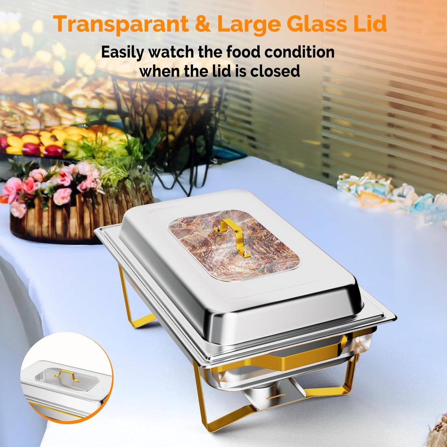 Rectangular Chafing Dish Buffet Set 1Pack, 9QT Buffet Warmer Sets and Stainless Steel Chafer for Hotel Catering, Parties, Weddings(Gold)