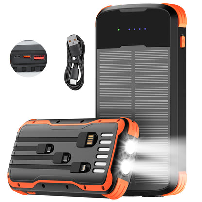 40000mAh Solar Power Bank Orange, Portable Charger 20W PD Fast Charging, Solar Charger Power Bank W/4 Built-in Cables & 9 Charging Ways, Waterproof Dual LED Flashlights for Camping Hiking