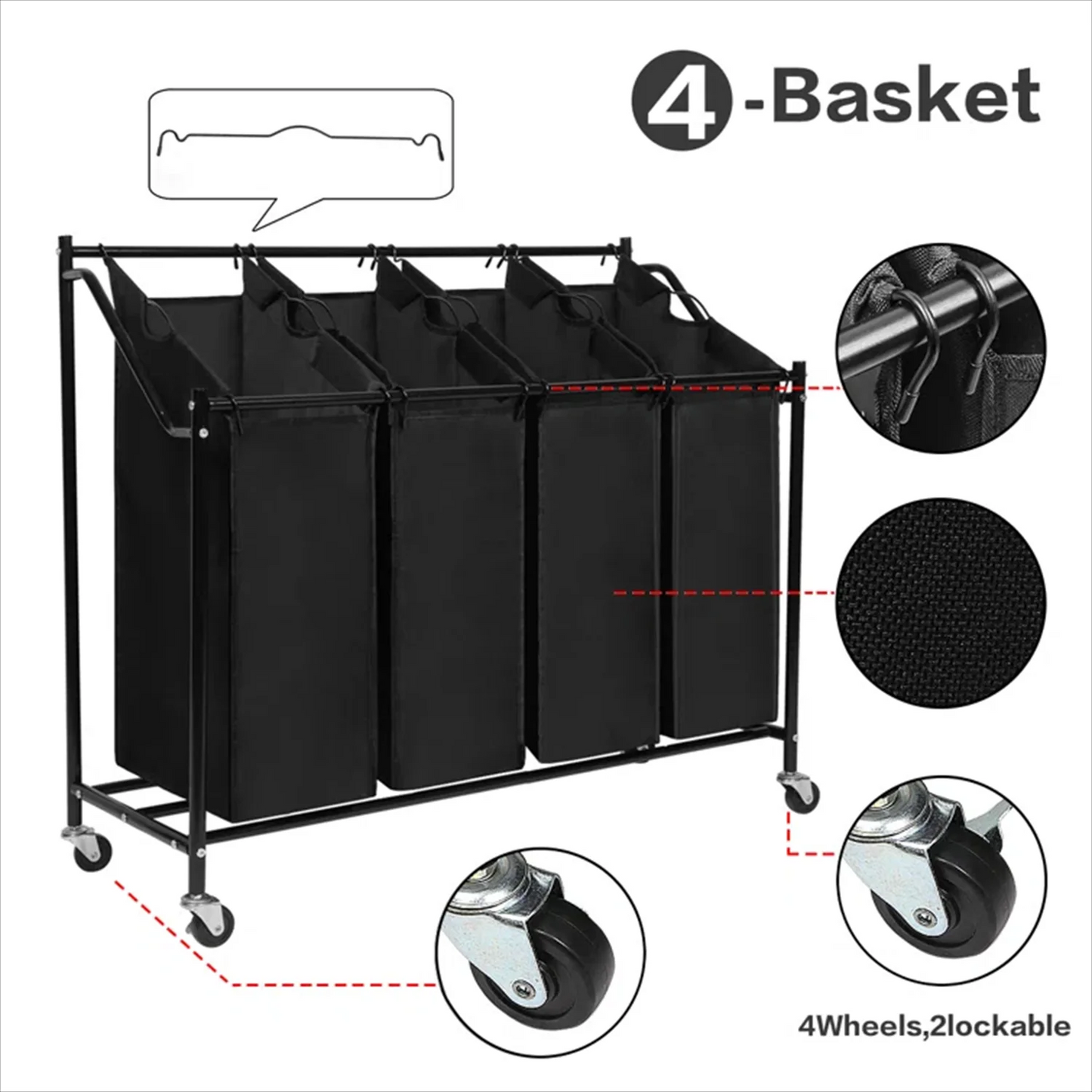 Amstech Laundry Hamper Sorter 4 Section, Laundry Sorter Cart with 4 Removable Bags and Rolling Wheels, Black