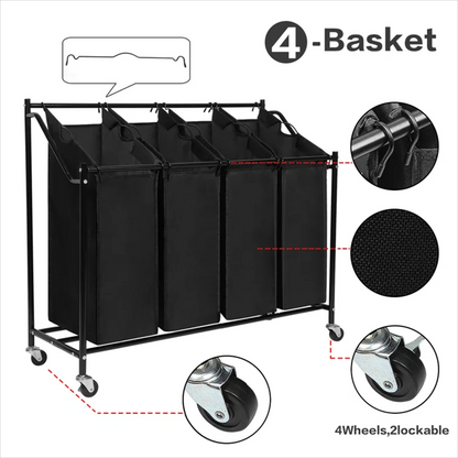 Amstech Laundry Hamper Sorter 4 Section, Laundry Sorter Cart with 4 Removable Bags and Rolling Wheels, Black