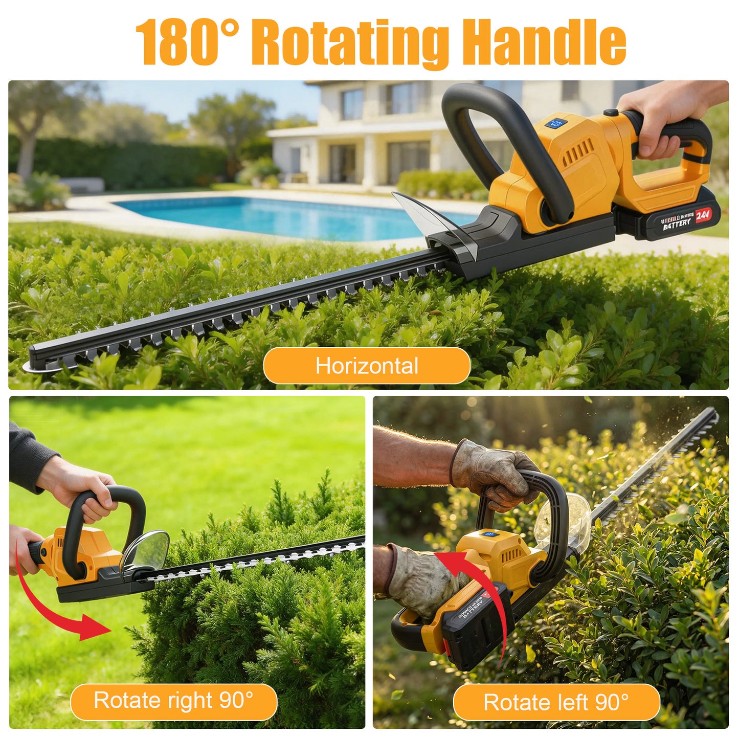 22" Cordless Hedge Trimmer with 180～ Rotatable Head, 21V Electric Bush Trimmer with 2 x 2000mAh Batteries, 1000W 24000r/min Motor, 70Mn Steel Blade for Garden Yard, Yellow