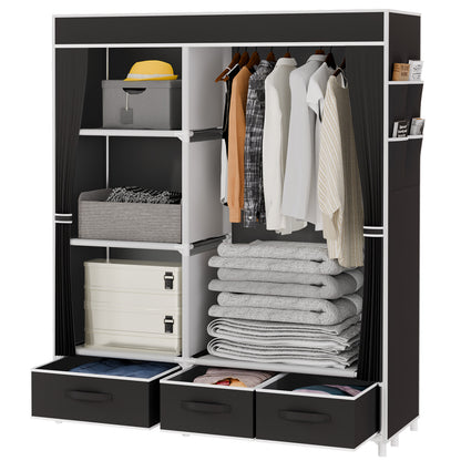 BAOKALER Portable Closet Organizers and Storage with 3 Drawers and 4 Side Pockets, 16mm Metal Tube Frame Clothes Rack Shelves for Bedroom, Living Room, Closet, Garage, Dorm, Black