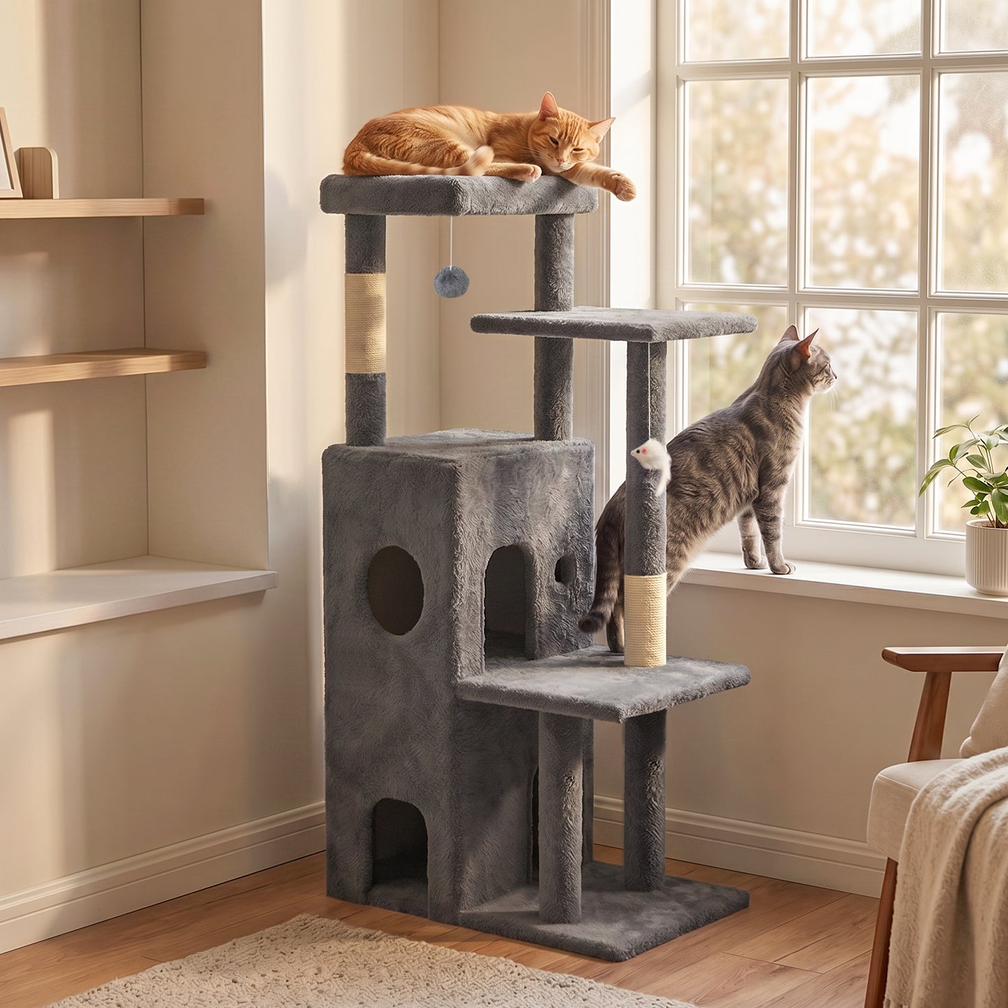50-inch Cat Tree for Large Cats - Tall Cat Tree Tower with Sisal Scratching Posts & Dangling Toys for Indoor Cats , Dark Gray