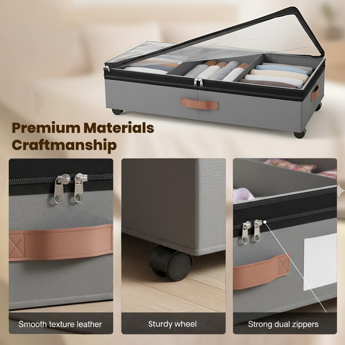 Under Bed Storage with Wheels, 2 Packs Large Underbed Organizer with Lid, 10'' Adjustable Height Shoes Containers Clothes Rolling Bin for Bedroom Dorm, Gray