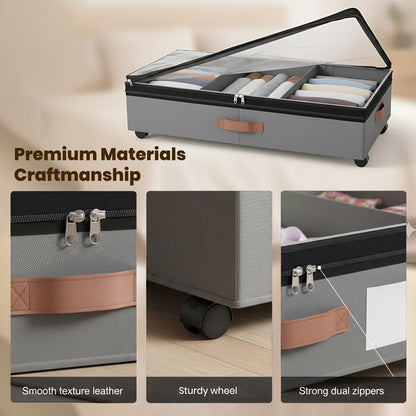 Under Bed Storage with Wheels, 2 Packs Large Underbed Organizer with Lid, 10'' Adjustable Height Shoes Containers Clothes Rolling Bin for Bedroom Dorm, Gray