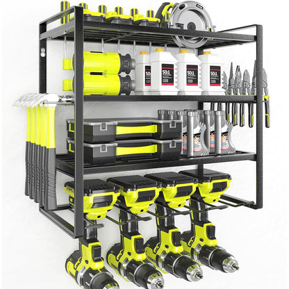 ALSO GO 4 Layers Power Tool Organizer, Heavy Duty Metal Tool Storage Rack, Drill Holder Wall Mount, Battery Tools Holder Shelf, Utility Tool Shelves for Workshop or Garage, Black