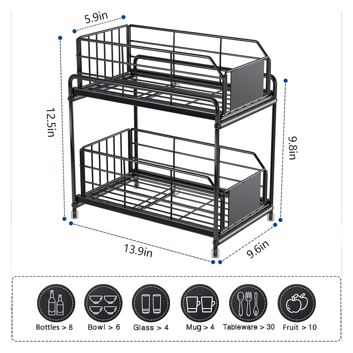 Sliding Cabinet Basket Organizer, Bathroom Organizer Under Sink Shelf, Under Kitchen Cabinet Organizer, 2 Tier Multi-purpose Under Sink Storage Rack, Black