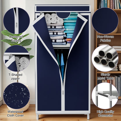 Wardrobe Closet Organizer with Hanging & Folding Sections, Clothing Rack Storage for Clothes, Dustproof Full-Cover Standing Closet for Bedroom, Apartment, Dorm, Navy Blue