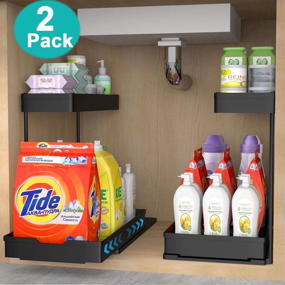 2-Tier Under Sink Organizers and Storage 2 Pack Sliding L-shape Under Bathroom Kitchen Cabinet Organizers Narrow Space Storage Multi-purpose for Bathroom Kitchen Drawer Black