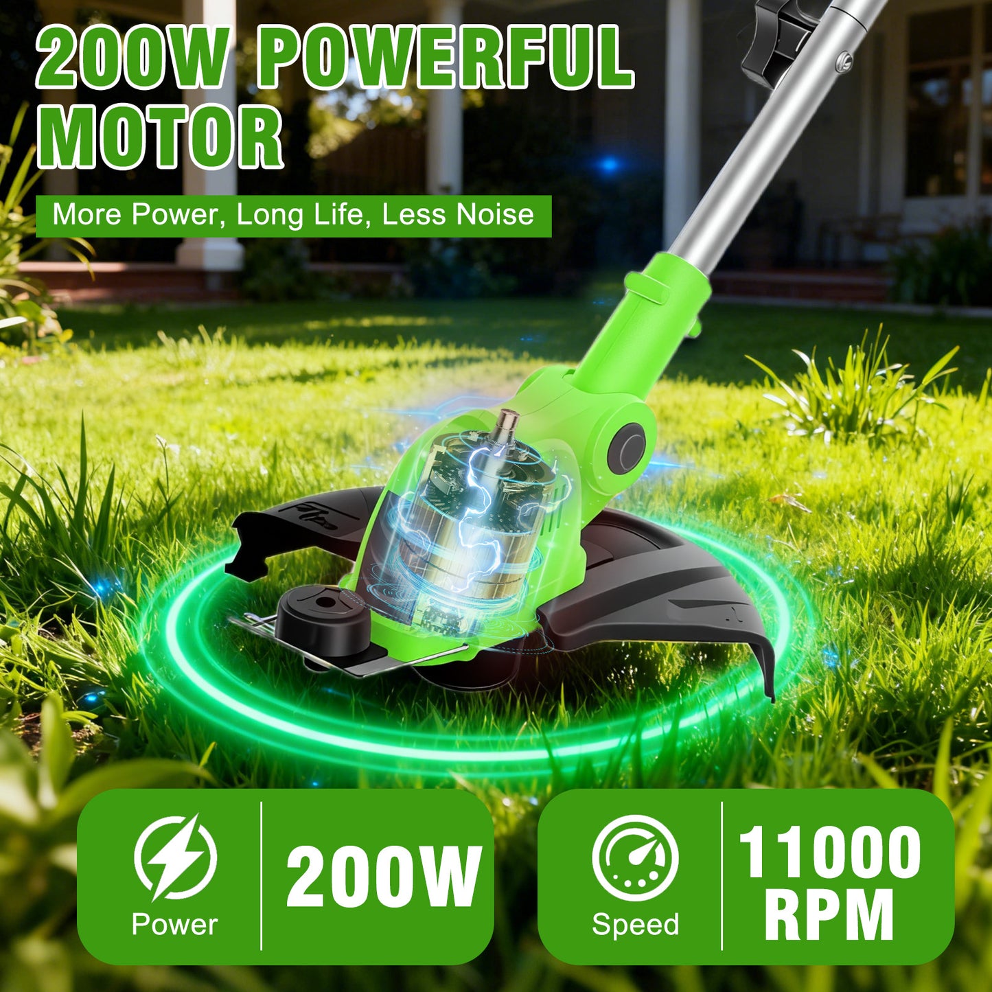 CATGOOD Cordless String Trimmer, 2AH Battery Powered Weed Trimmer with Fast Charger, Green