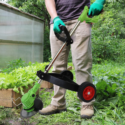 BAOKALER Electric Weed Eaters Cordless, Battery Powered Weed Wacker with Charger, Grass Trimmer with Supporting Wheels, Grass Cutting Machine with 2 Batteries for Yard and Garden, Green