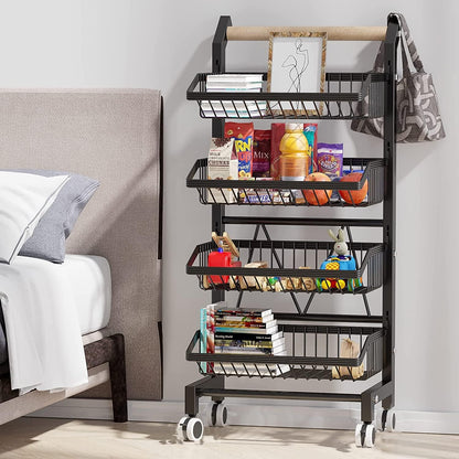 Kitchen Storage Cart with Wheels, 4-Tier Detachable Rolling Cart, Kitchen Vegetable and Fruits Utility Shelf Rack