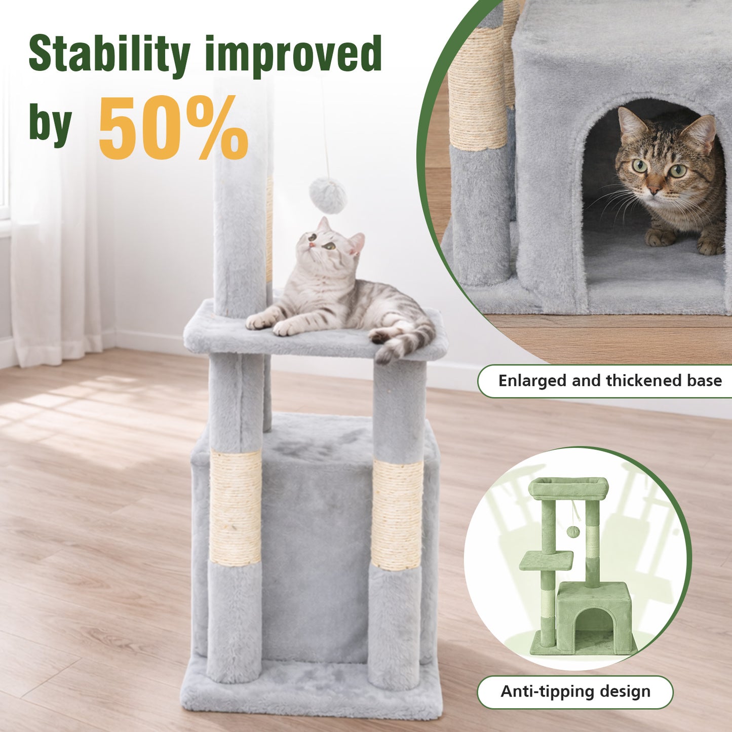 Cat Tree, Multi-Level Cat Tree Tower, Indoor Activity Center with Sisal Scratching Posts, Condos, Plush Perches, Hanging Cat Toys, Gray
