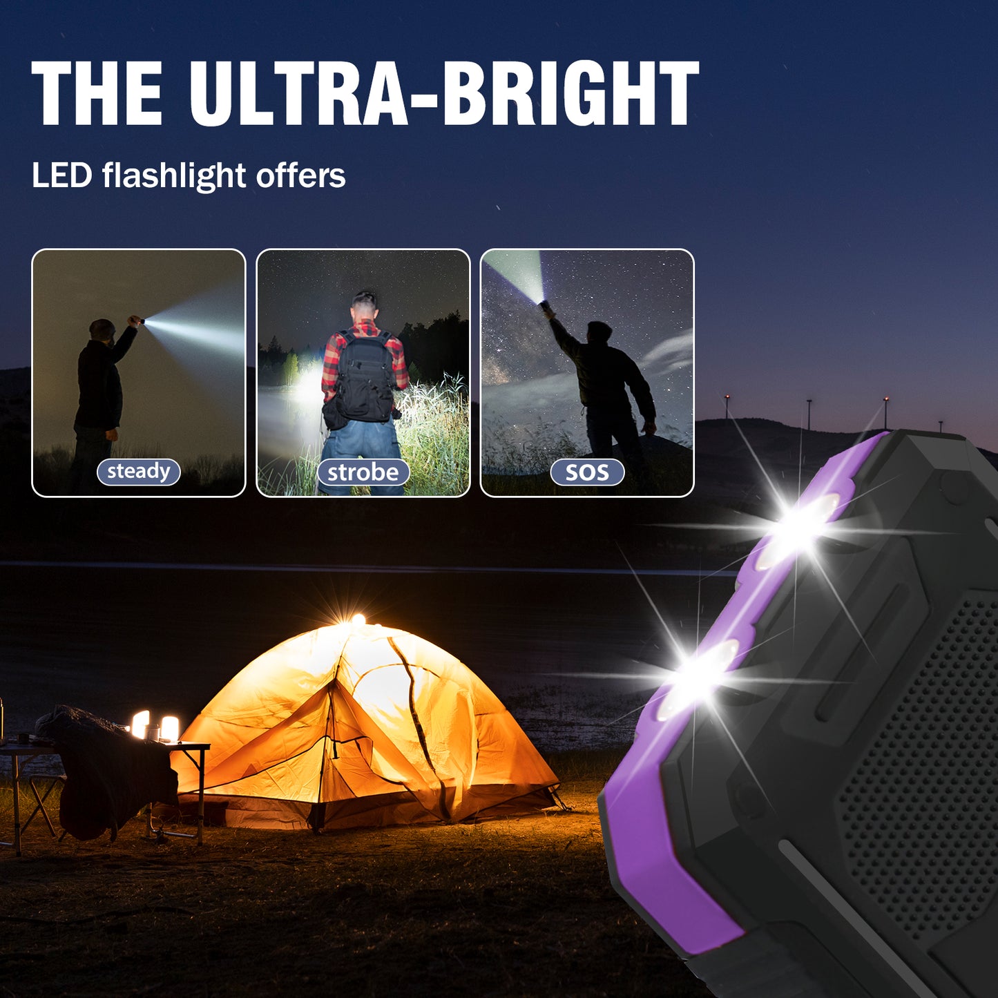 BAOKALER Solar Power Bank, Portable Charger, 20000mAh Solar Charger with LED Flashlight, IP65 Waterproof External Backup Battery Pack Perfect for Camping, Outdoor Activities(Purple-2PK)