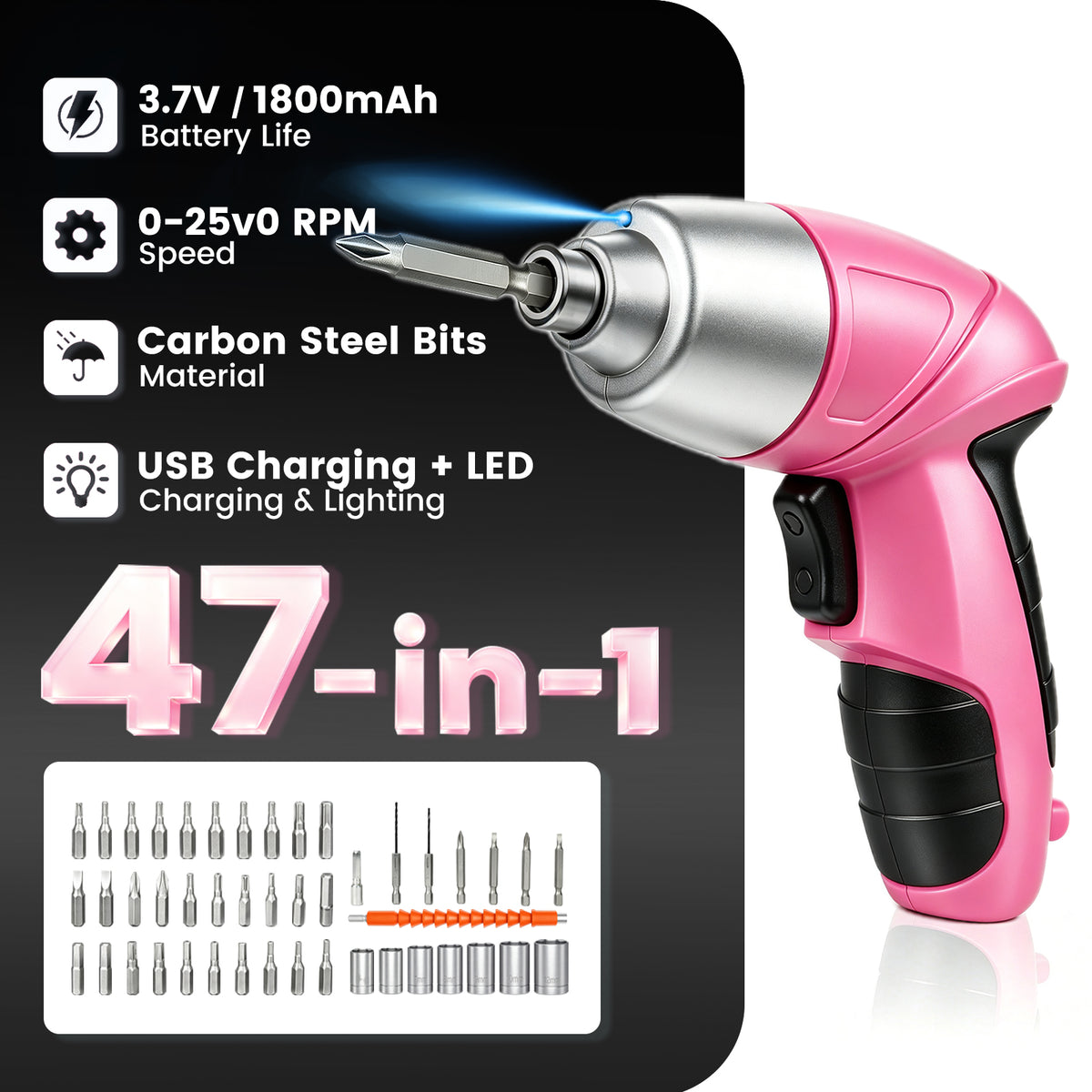 Cordless Power Screwdriver, 47-in-1 Electric Screwdriver Rechargeable Set, Rechargeable 3.7V Cordless Screwdriver with 30 Driver Bits, Power Tool for Office & Home Use, Pink