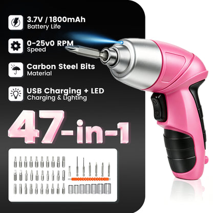 Cordless Power Screwdriver, 47-in-1 Electric Screwdriver Rechargeable Set, Rechargeable 3.7V Cordless Screwdriver with 30 Driver Bits, Power Tool for Office & Home Use, Pink