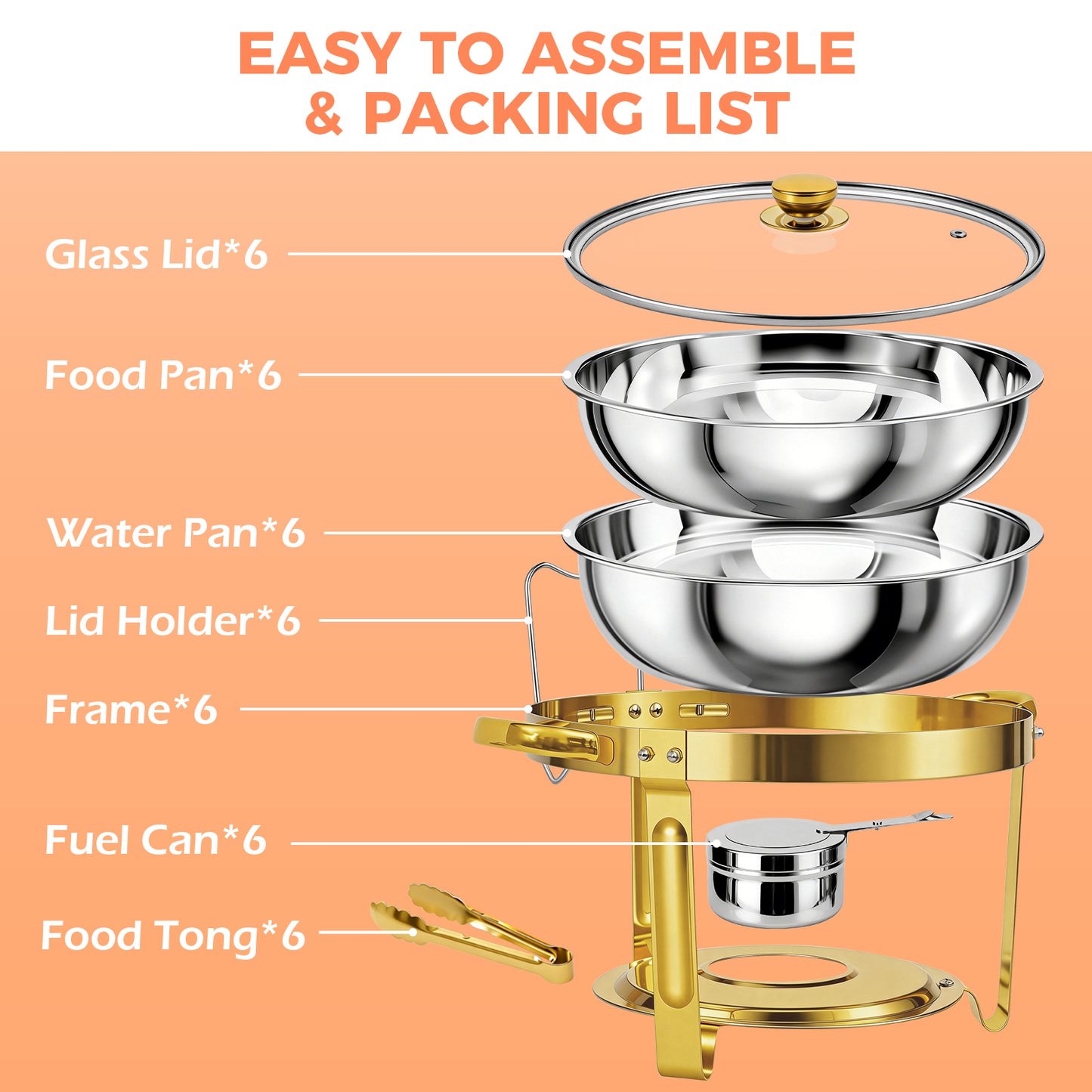 CATGOOD 6 Pack with Tongs 6QT Round Chafing Dish Buffet Set, Buffet Warmers with Glass Lids & Gold Stands, Smooth Thick Edge, Easy Clean, Side Lid Rest for Parties, Weddings, Catering, Home Banquet