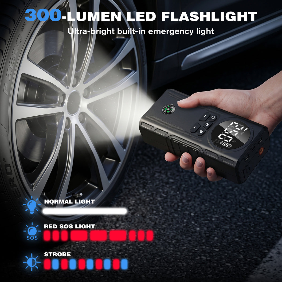 800A Peak Car Battery Jump Starter with Tire Inflator, Portable 6?in?1 Jump Starter with Dual USB Ports & 12V DC Output, 12V Jump Pack with 300?Lumen Tri?Mode SOS LED Light, Black