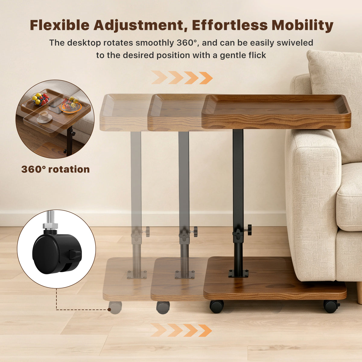 C Table End Table with Adjustable Height, 360¡ãSwivel TV Tray Table for Small Spaces, Portable C-Shaped Side Table for Couch & Bed