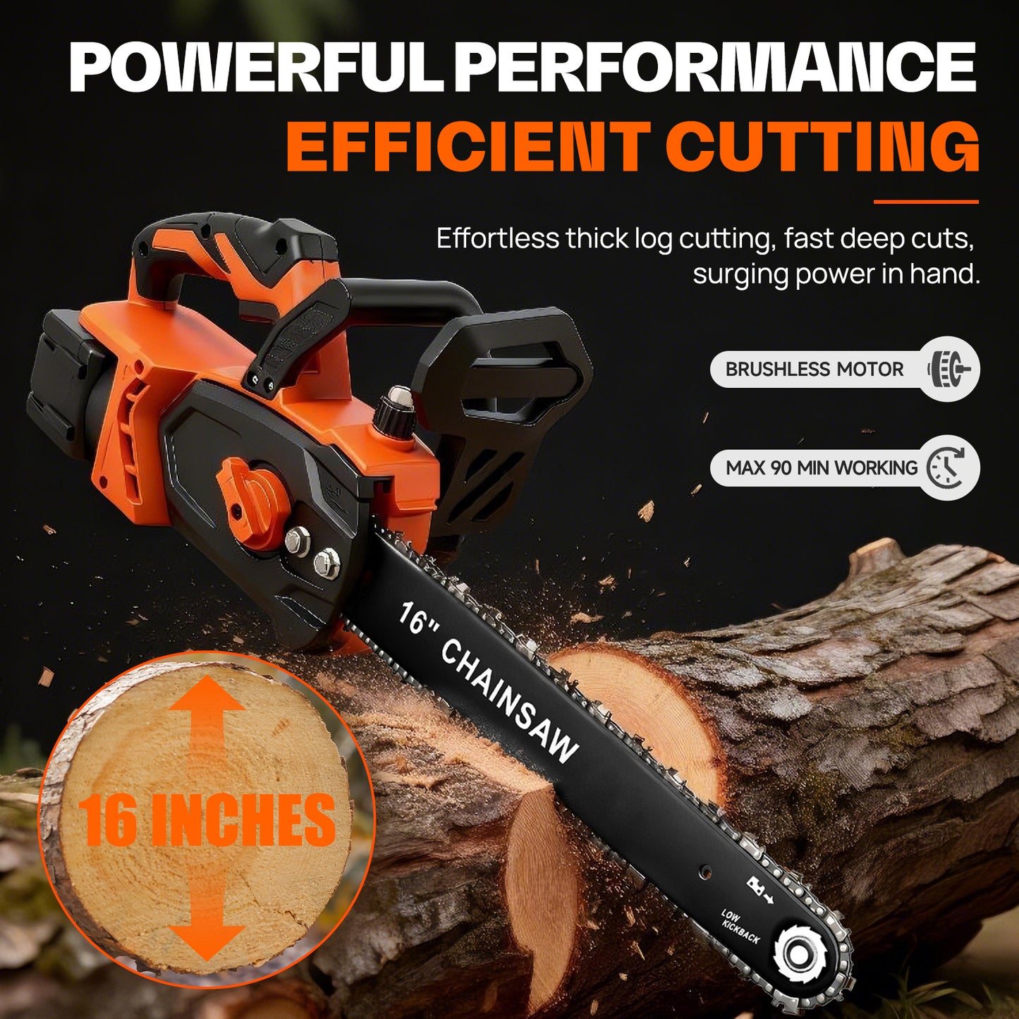 Brushless 16-Inch Chainsaw Cordless with 2×6.0Ah Batteries, Electric Chainsaw with 3 Chains, for Wood Cutting and Yard Work