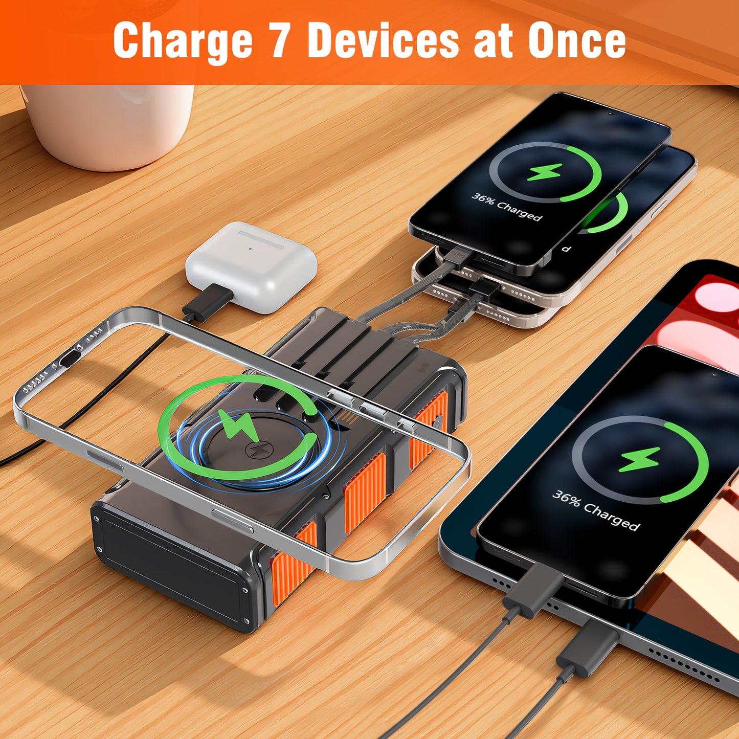 Power Bank Wireless Charger 68800mAh Built in Hand Crank and 4 Cables 15W Fast Charging Power Bank 7 Outputs & 4 Inputs Solar Portable Charger, SOS/Strobe/Strong Flashlights, Compass(Orange)