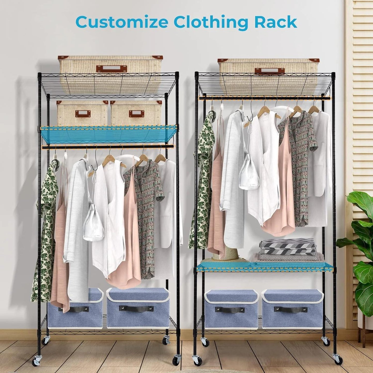 Rolling Garment Rack with Dust Cover, Heavy Duty Clothes Rack on Wheels, Freestanding Wardrobe Rack with 2-Tier Storage Shelf Hanging Rod Gray Cover, 35.4"x17"x72.4" Black Rack