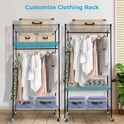 Rolling Garment Rack with Dust Cover, Heavy Duty Clothes Rack on Wheels, Freestanding Wardrobe Rack with 2-Tier Storage Shelf Hanging Rod Gray Cover, 35.4"x17"x72.4" Black Rack