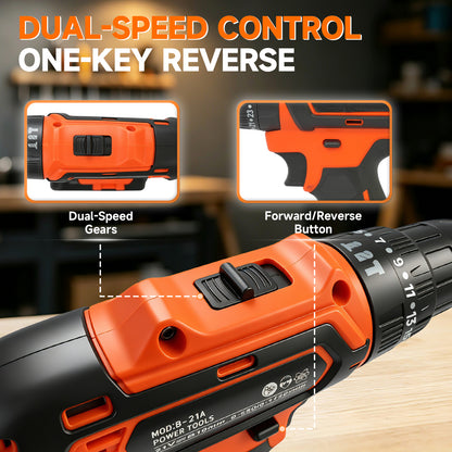 Power Tool Set with 20V Cordless Drill Driver, 113Pcs Household Tool Set, Power Drill Set with Plastic Toolbox, Ideal for Office, Garden, DIY Project