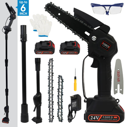 2 in 1 Cordless Pole Saw and 4" & 6" Mini Chainsaw, Electric Pole Saw with 2×1.5Ah Batteries and 1 Charger, 6 ft Extension Pole Saw for Tree Trimming, Wood Cutting