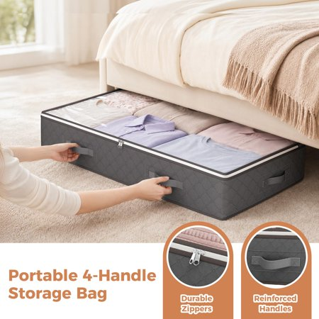 BAOKALER 4 Pack 90L Underbed Storage Containers, Foldable Storage Bins for Linen, Blankets, Clothing, Comforters, Sweaters, Pillows & Wrapping Paper, Dark Gray