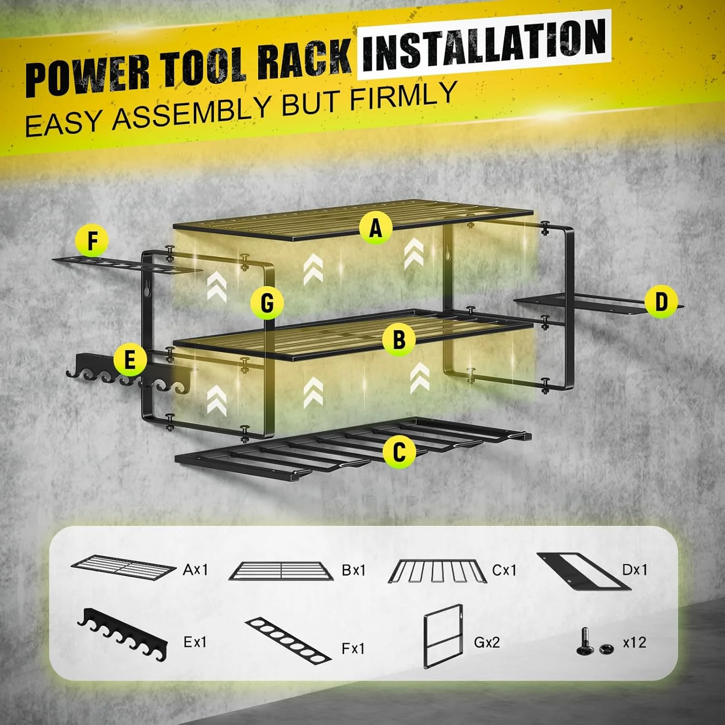 CATGOOD Power Tool Organizer, 3 Layers Storage Rack with 4 Drill Holders, Heavy Duty Metal Floating Tool Shelf Garage Wall Mounted, 180Lbs Load Capacity