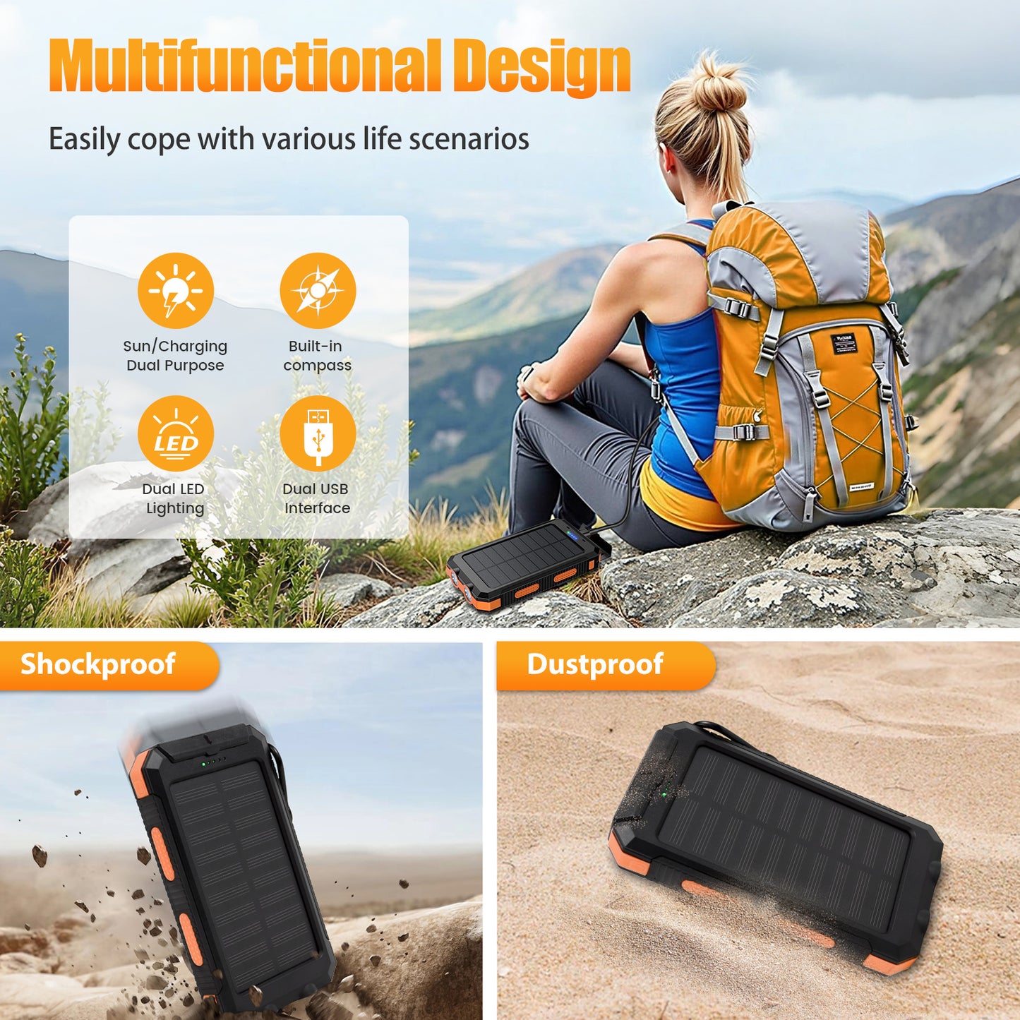 CATGOOD 10000mAh Portable Solar Charger for iphone and Android Power Bank with Dual 5V USB Ports for Outdoor Camping Hiking(Orange)