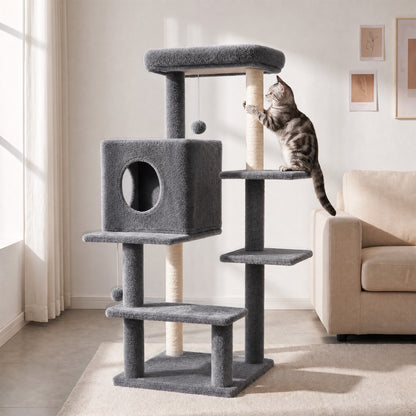 Sturdy 40-inch Cat Tree Tower with Cat Cave & Ramp Steps - Multi-Level Play & Sleep Center for Large Indoor Cats, Dark Gray