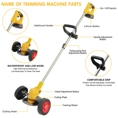 String Trimmer Cordless with Wheels, 24V 2000mAh Battery, 11000RPM, 650W, 3 in 1 Stringless Lightweight Brush Cutter/Edger/Mower, Adjustable Cutting Angle & Height for Yard, Garden, Yellow