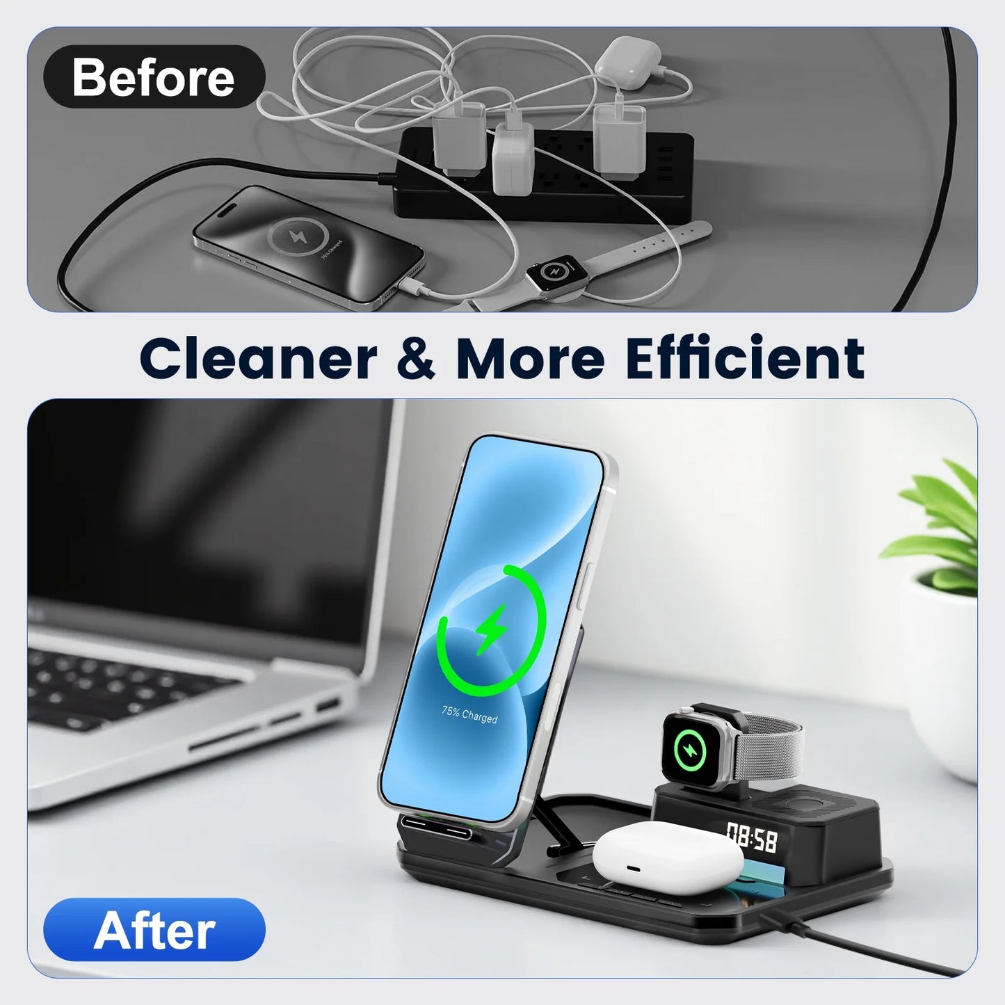 Magnetic Wireless Charger for iPhone,6in1 Portable Charger Phone Charging Station for iPhone 17 16 15 14 13 12 11 Pro Max Apple Watch AirPods,Maggsafe Charger Stand,Black