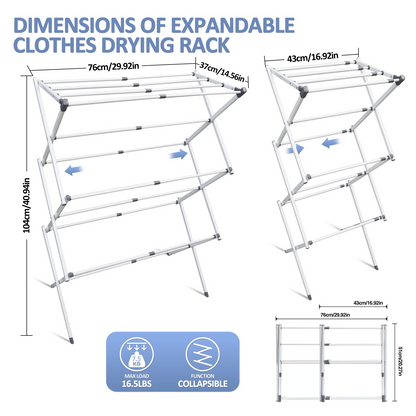 Clothes Drying Rack, 3-Tier Laundry Drying Rack for Clothes, Expandable Metal Clothing Dryer, Collapsible Towel Rack, Air Drying Rack