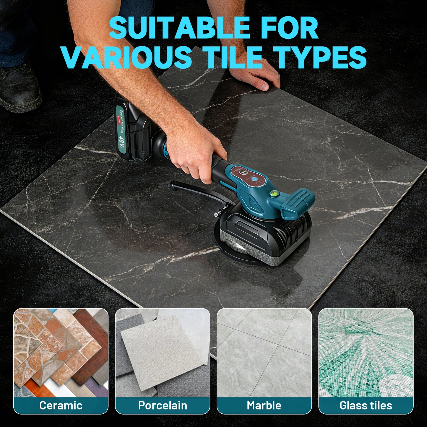 Tile Vibration Leveling Machine, Cordless Tiler Vibration Tool with 5 Adjustable Speed, 2-in-1 Tile Vibration Machine with 5.2in Suction Cup & 176Lbs Adsorption, 2 Batteries