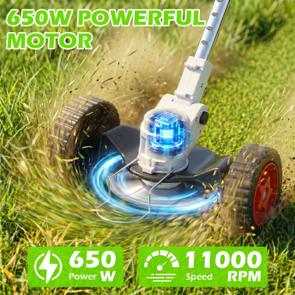 Weed Eaters, Cordless Weed Trimmer with Wheels, 2Pcs 4000mAh Batteries, Adjustable Length, 650W Grass Trimmer/Edger/Brush Cutter for Lawn Yard Garden Maintaining (White)