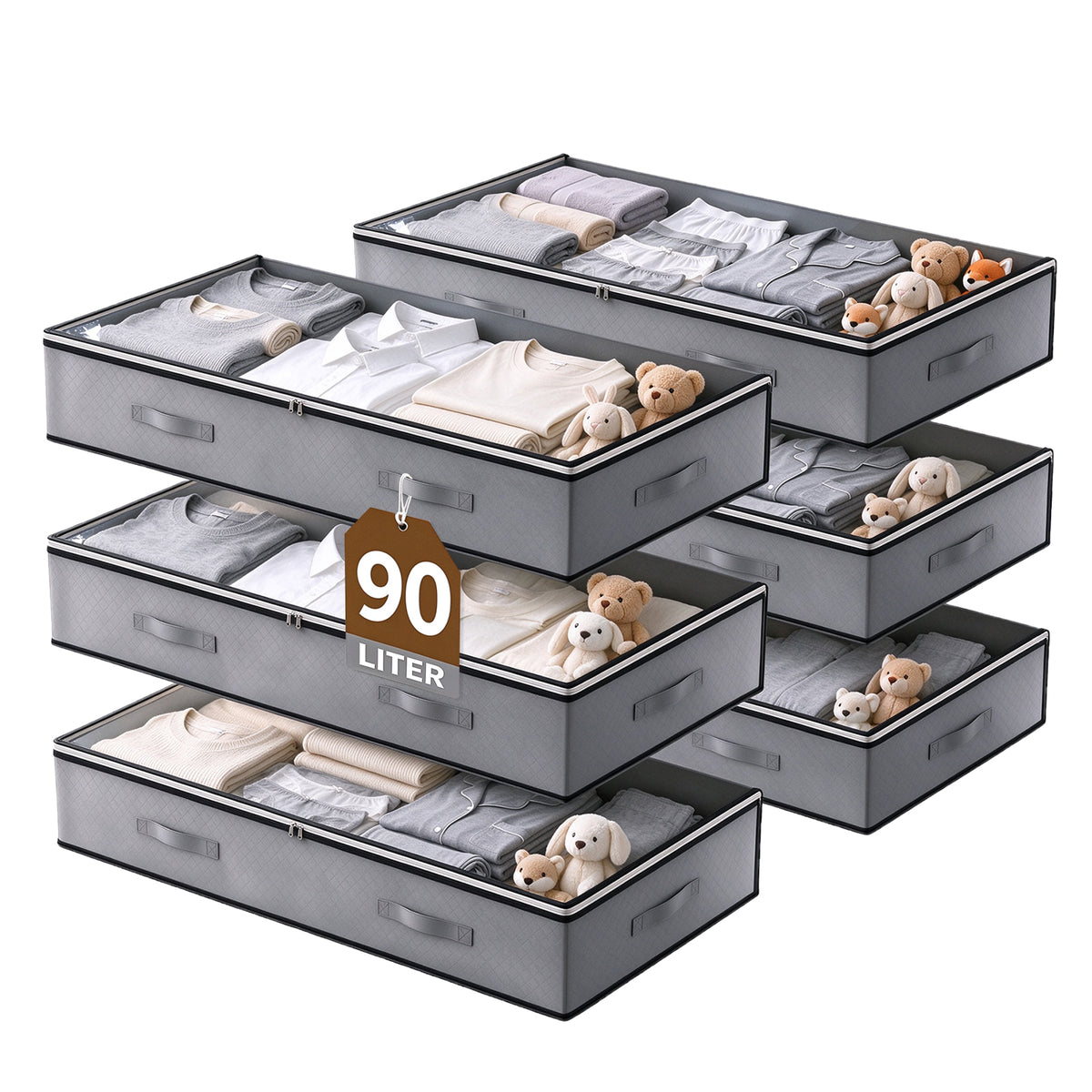 6 Pack Under Bed Storage Containers, 90L Foldable Underbed Storage Bins with Reinforced Handles for Clothing, Bedding, Dark Gray