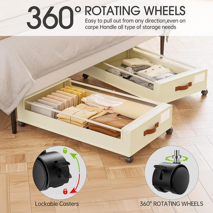 Under Bed Storage with Wheels: XXL Underbed Storage Containers with Lids - Rolling Bins for Shoes Clothes in Dorm Bedroom - Metal Drawers Easy Pull-out Beige 4-Pack