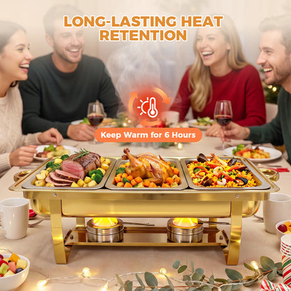 Gold Chafing Dishes 6 Pack, 9QT Rectangular Chafing Dish Buffet Set, Chafing Dishes for Buffet with Foldable Frame, Chafers and Buffet Warmers Sets for Catering Events, Parties, Weddings