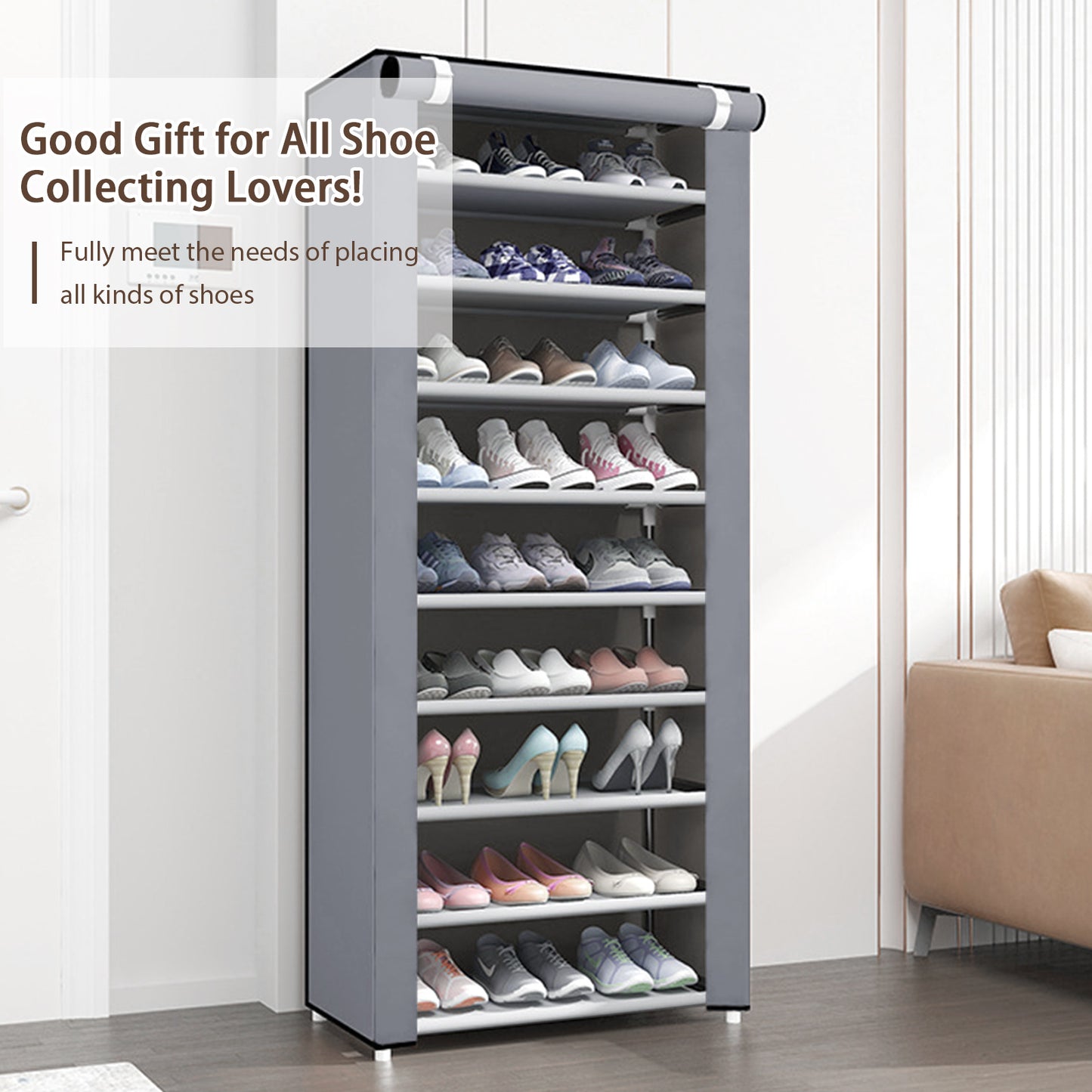 Portable Shoe Rack, 10-Tier 27 Paris Shoe Storage Cabinet with Cover, Non-Woven Fabric Shoe Storage Organizer, 9 Lattices Shoe Cabinet Tower Shelf Closet Silver Gray