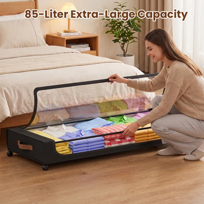 85L Under Bed Storage with Wheels, 2-Pack XXL Underbed Storage Containers with Clear Lid, Rolling Organizer Bins for Clothes, Shoes, Blankets (Black)