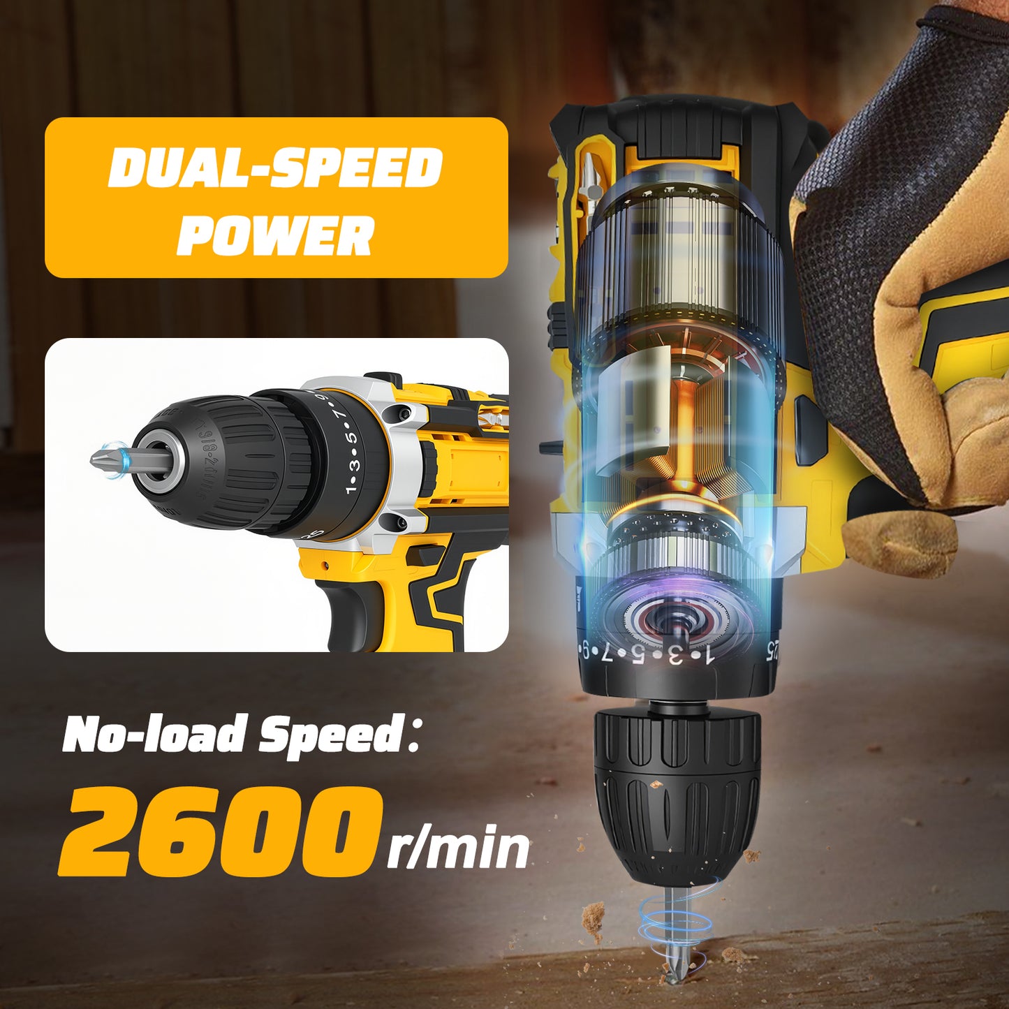 21V Cordless Drill Set, Electric Power Drill 50Nm with 3/8 Inch Keyless Chuck, 25+1 Clutch Compact Driver Drill with Work Light, Dual-Speed Power & 2 Battery and Fast Charger