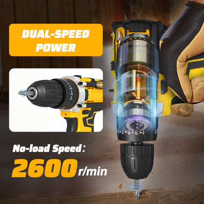 21V Cordless Drill Set, Electric Power Drill 50Nm with 3/8 Inch Keyless Chuck, 25+1 Clutch Compact Driver Drill with Work Light, Dual-Speed Power & 2 Battery and Fast Charger